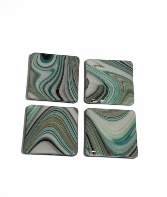Blue Modern Wave — Fused Glass Coasters