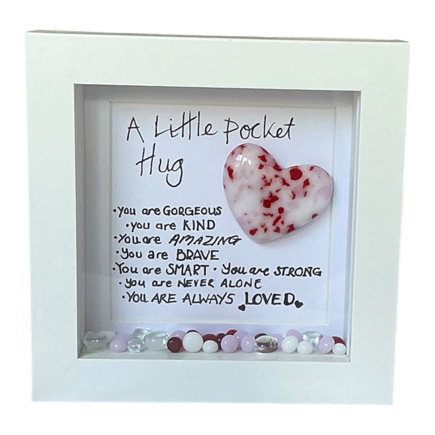 A Little Pocket Hug – White, Pink & Red Fused Glass Heart - Framed Affirmation Gift - Handmade