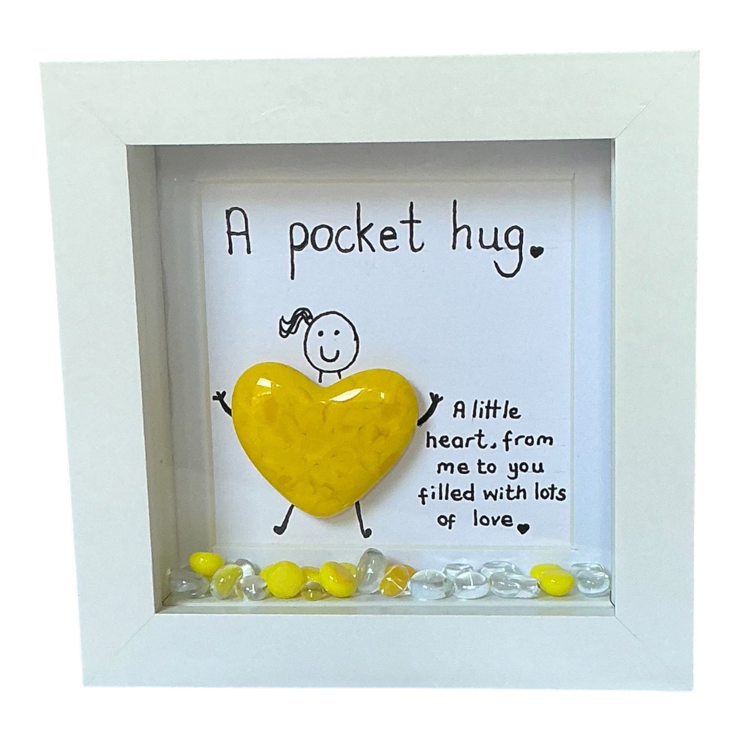 A Pocket Hug – Framed Yellow Fused Glass Heart - White Frame -Handmade Sentimental Gift