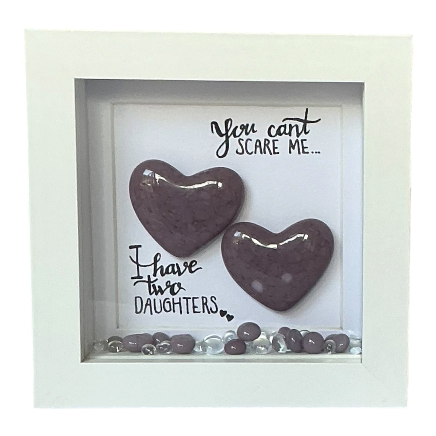 Framed Lilac Fused Glass Hearts, Two Daughters Quote, Handmade Wall Art