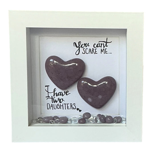 Framed Lilac Fused Glass Hearts, Two Daughters Quote, Handmade Wall Art