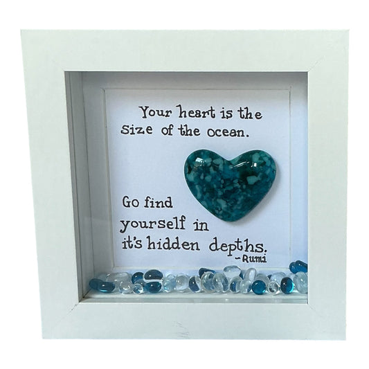 Ocean Blue Fused Glass Heart Art – Rumi Quote Framed Piece